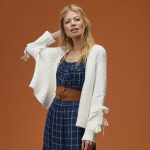 Anthropologie Maeve Bow Balloon Sleeve Open Front Cardigan Sweater Winter White